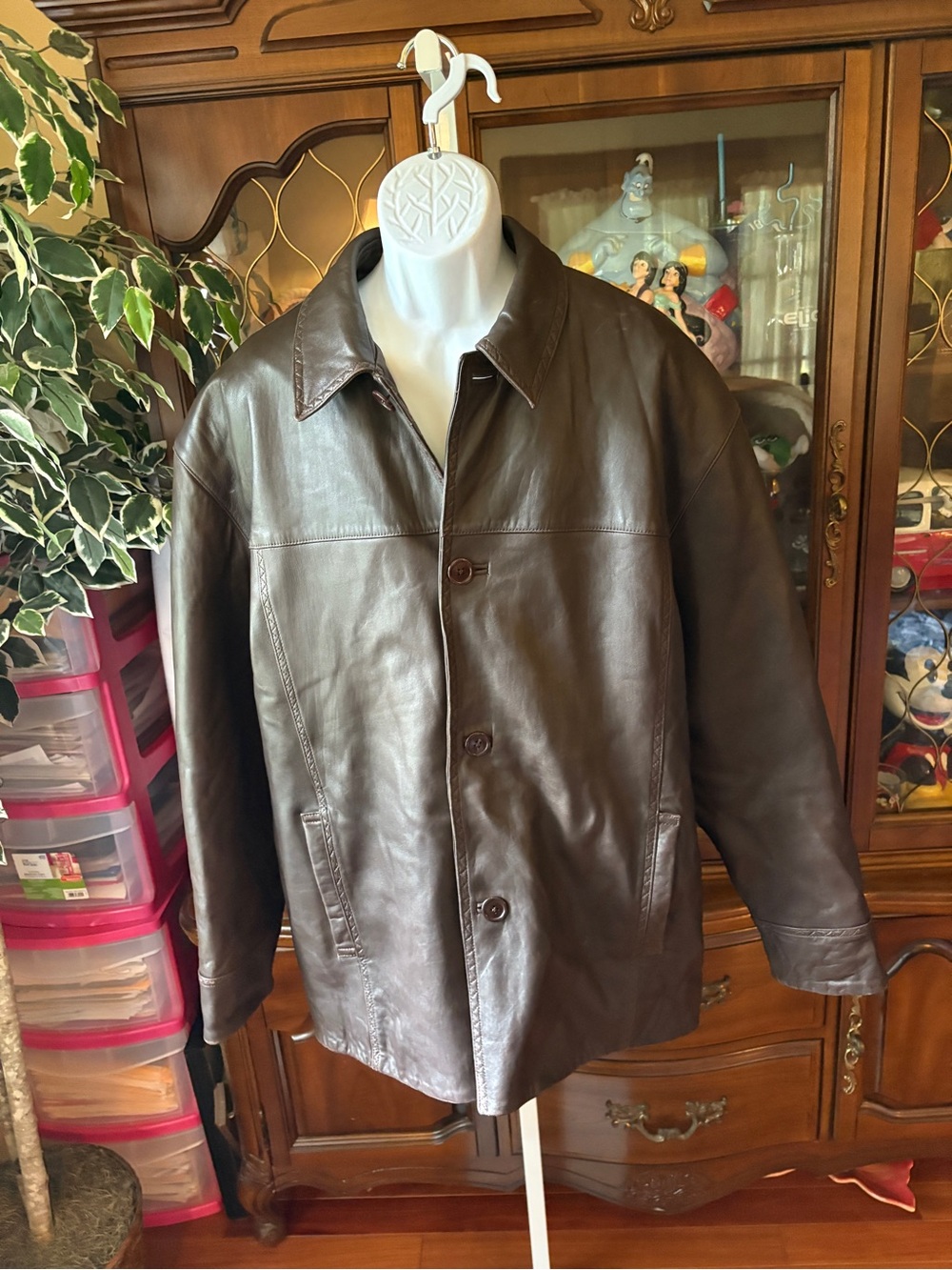 Vintage Brown Leather Button Front Collar Men’s Coat Jacket Detailed Size XL
